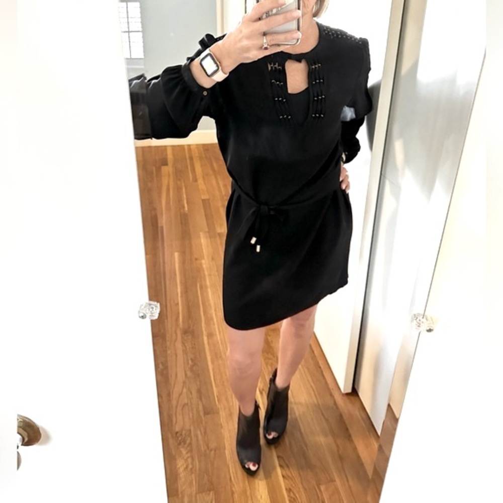Diane von Furstenberg 100% Silk Embellished Shift Dress | Black | Long Sleeve